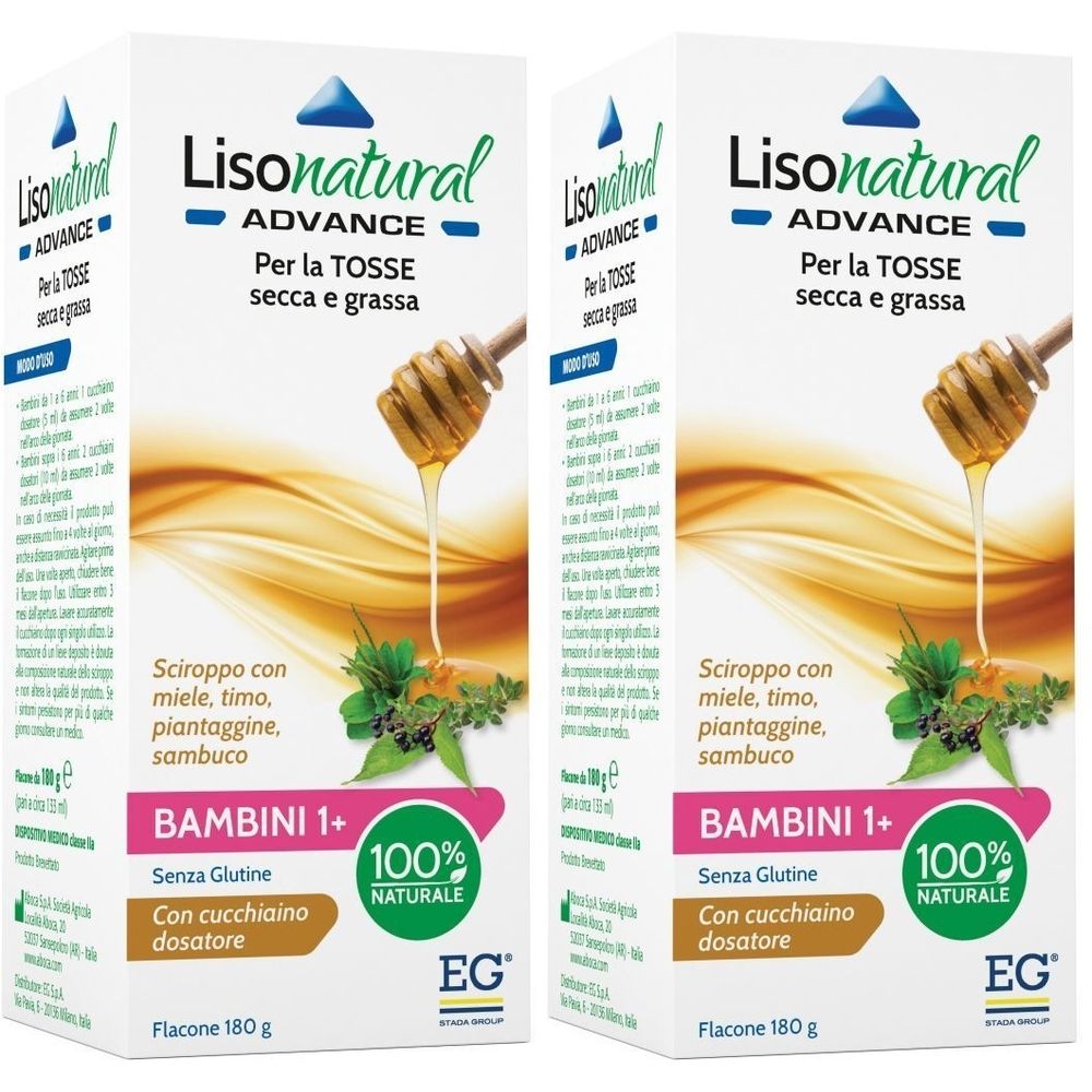 Due confezioni di sciroppo per la tosse per bambini. Scritto: Lisonatural Advance, per tosse secca e grassa. Con miele, timo, piantaggine, sambuco.