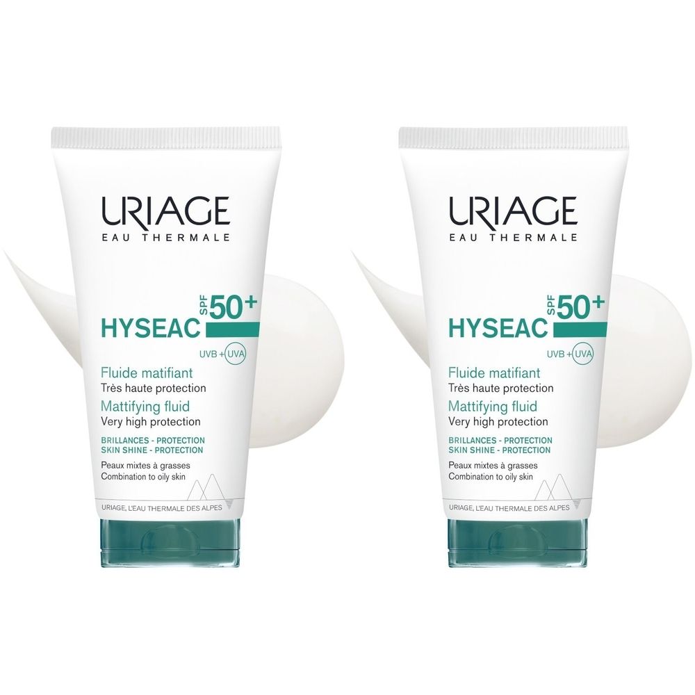 Due tubi di Uriage Hyseac SPF50+ Fluide. Tubi bianchi con tappi verdi. Testo: Hyseac, Fluide matifiant, SPF50+.
