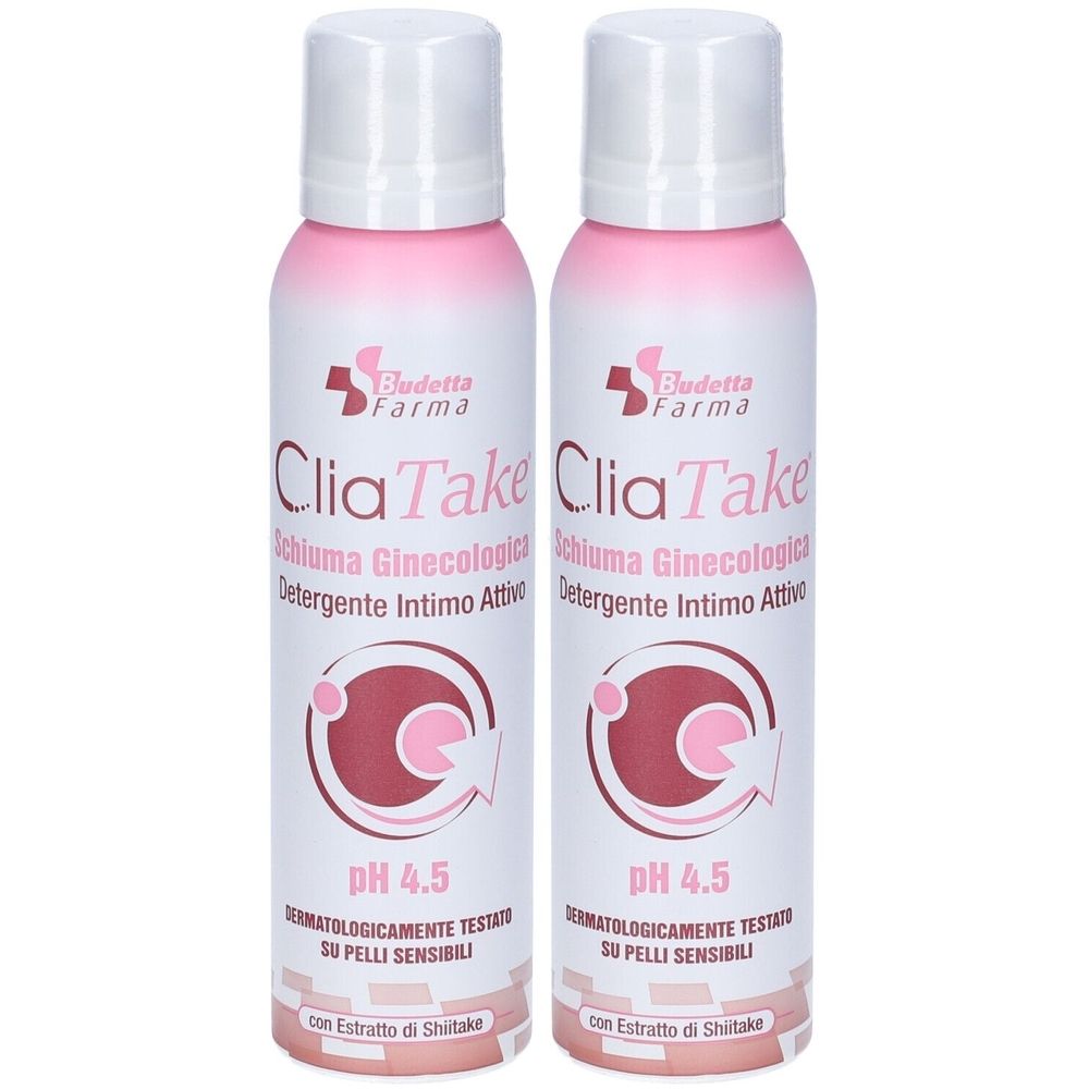 Due flaconi di detergente intimo. Design rosa e bianco con nome del prodotto e pH 4,5. Dermatologicamente testato.