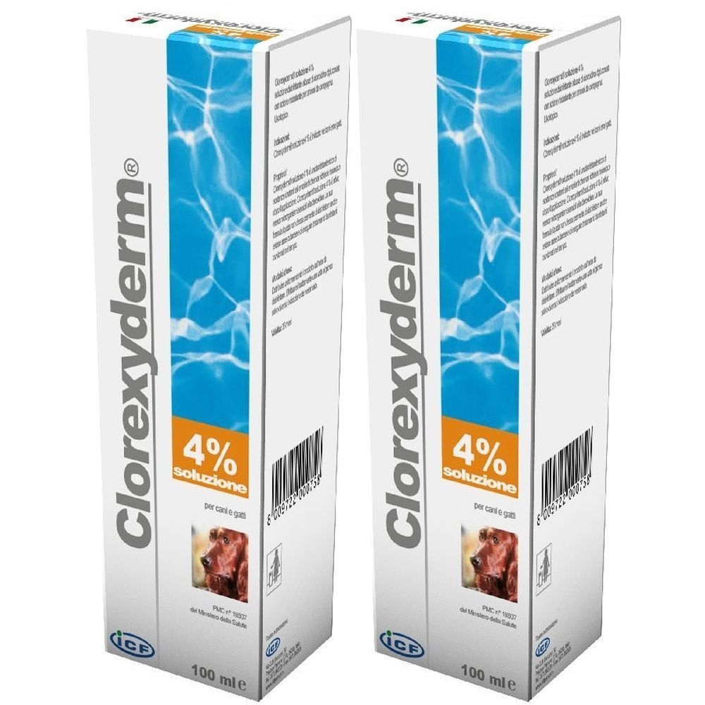 Due scatole rettangolari. Scritta Clorexyderm® 4% soluzione. Immagine di un cane. Motivo onde blu.