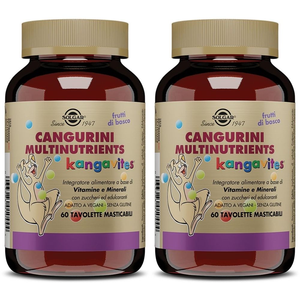 Due flaconi di Solgar Cangurini Multinutrients. Scritta: Cangurini Multinutrients Kangavites, 60 compresse. Gusto frutta.