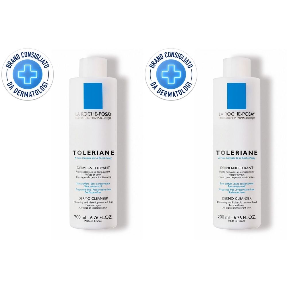 Due flaconi bianchi con dettagli blu e testo. Loghi con croce. Scritta: Toleriane. Marchio consigliato dai dermatologi.