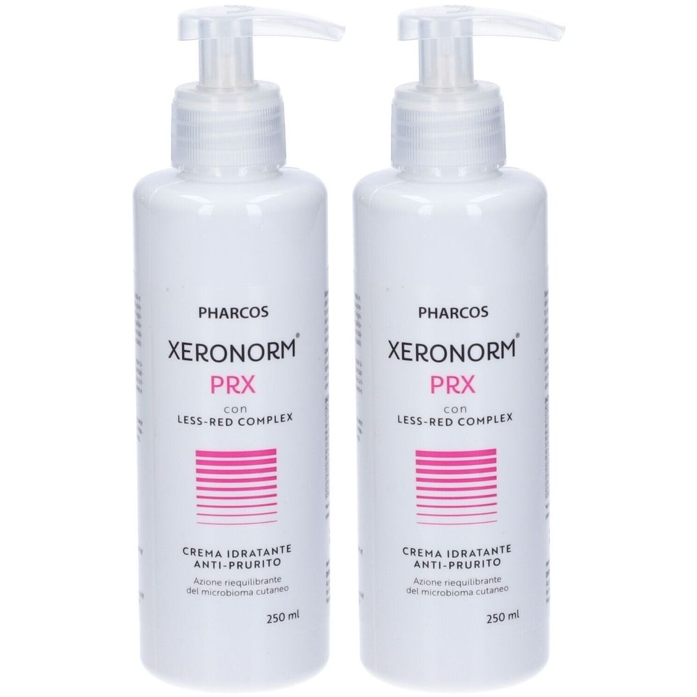 Due flaconi bianchi con dosatore. Scritta: Pharcos Xeronorm PRX, crema, 250 ml.