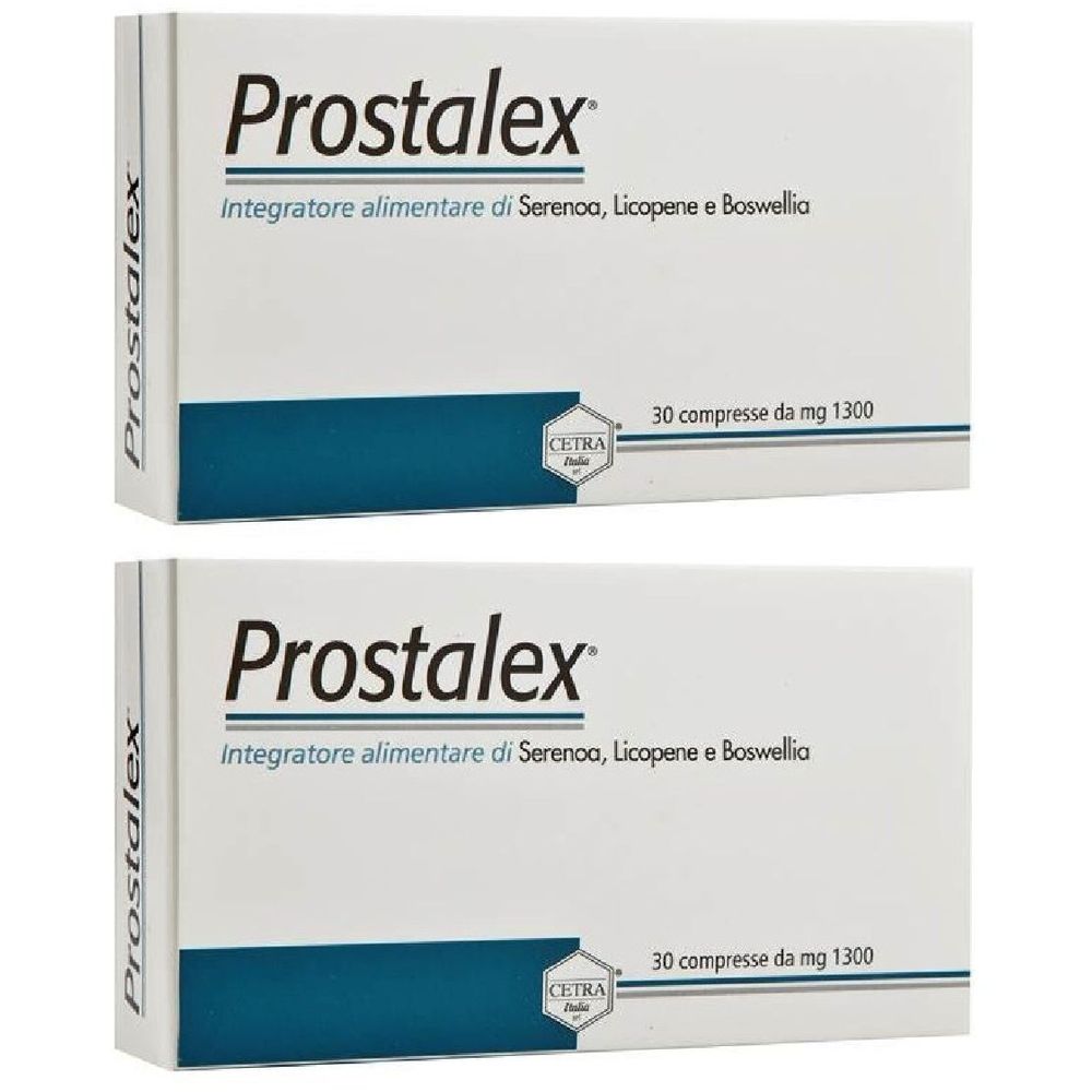 Due confezioni di Prostalex. Scritta: Integratore alimentare di Serenoa, Licopene e Boswellia. 30 compresse da mg 1300.