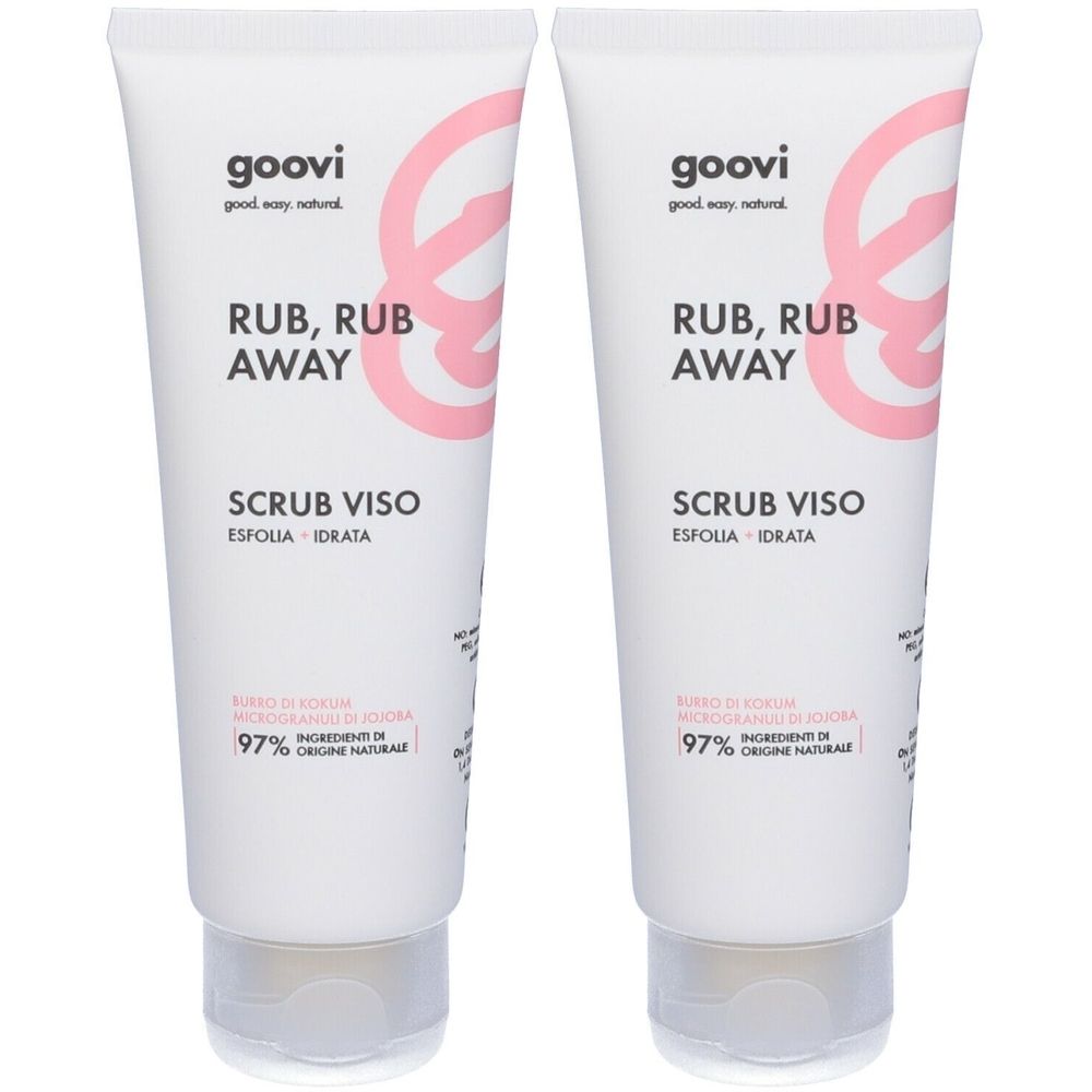 Due tubi di Goovi Rub, Rub Away Scrub Viso. Tubi bianchi con logo e testo rosa. Contiene il 97% di ingredienti di origine naturale.