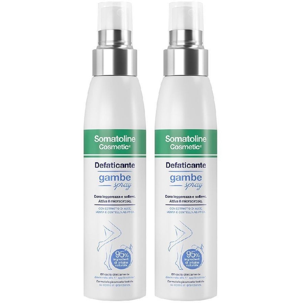 Due flaconi spray bianchi con dettagli verdi e argento. Scritta: Somatoline Cosmetic Defaticante gambe spray.