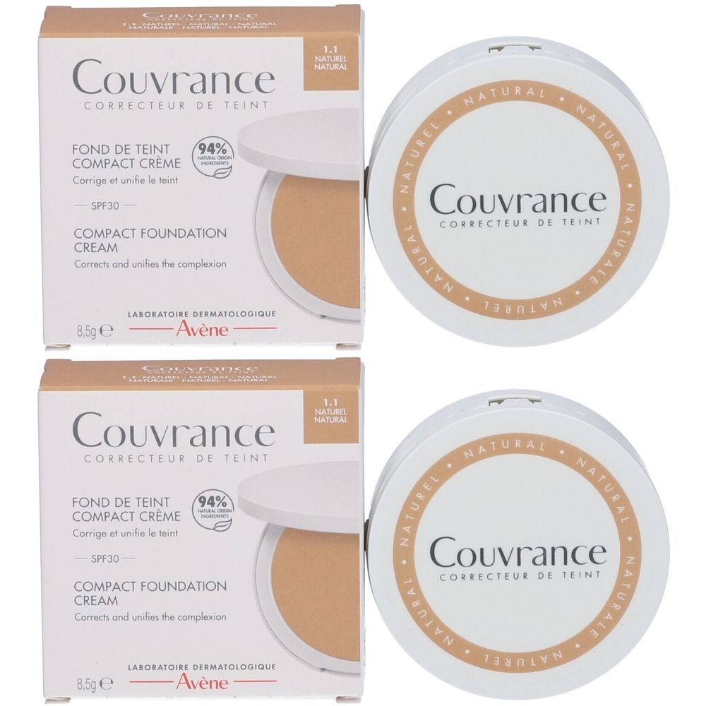 Due fondotinta compatti e confezioni. Scritta: Couvrance, Correcteur de Teint, SPF30. Tonalità: 1.1 Natural.