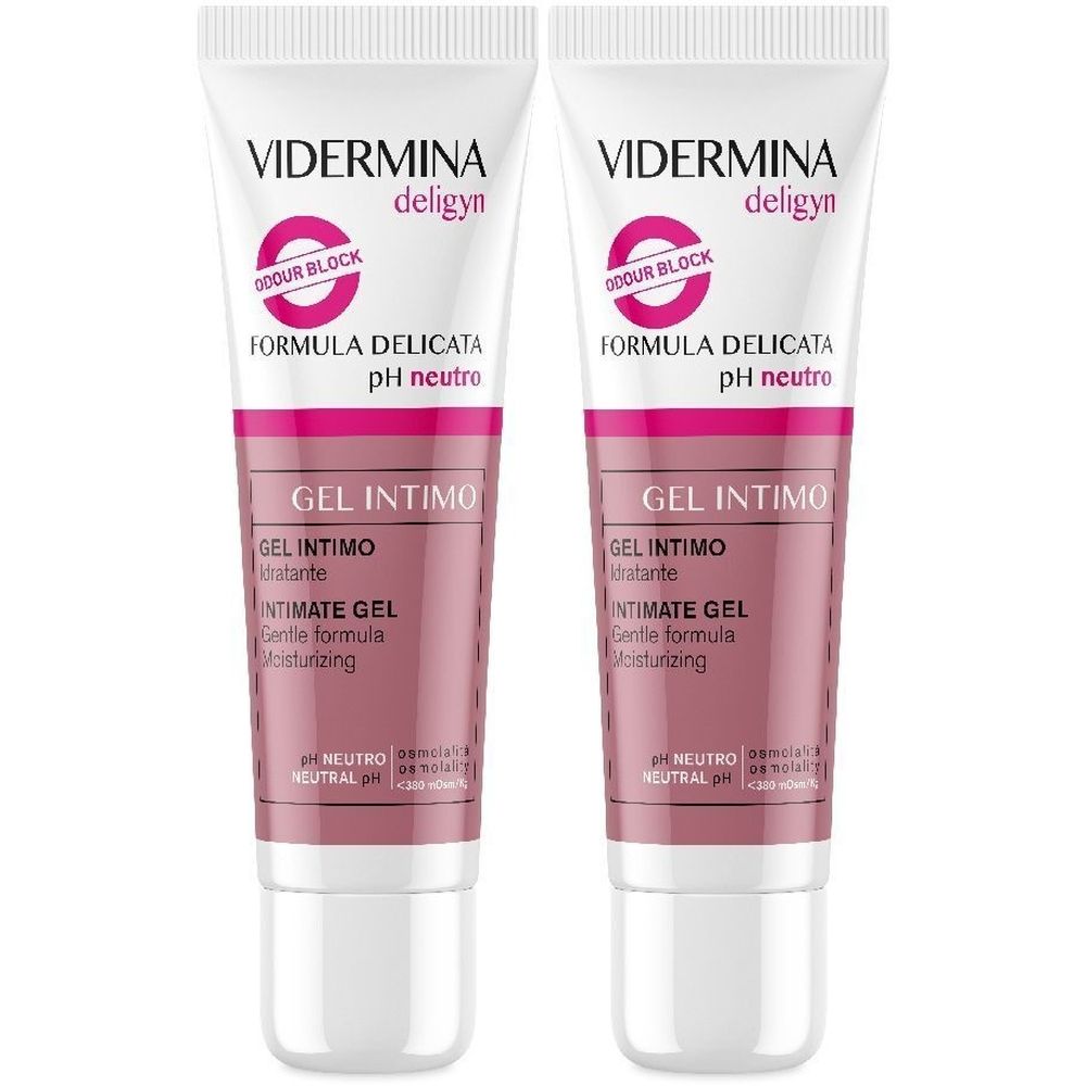 Due tubi di gel intimo. Bianchi, con accenti rosa e marroni. Scritta: Vidermina Deligyn, Gel Intimo, pH neutro.