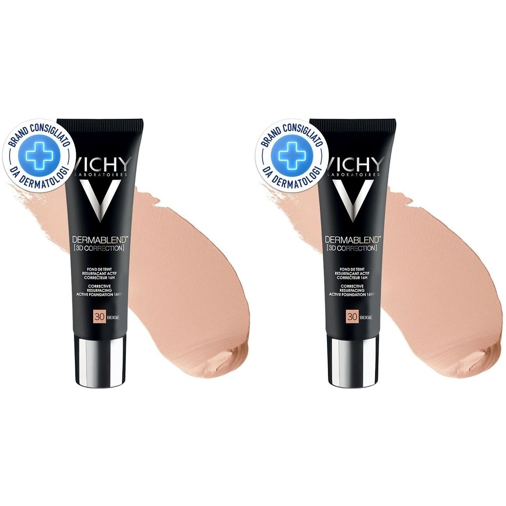 Due tubi di fondotinta Vichy Dermablend 3D. Tubi neri con tappi argentati e macchie di colore. Scritta: Brand Consigliato da Dermatologi.