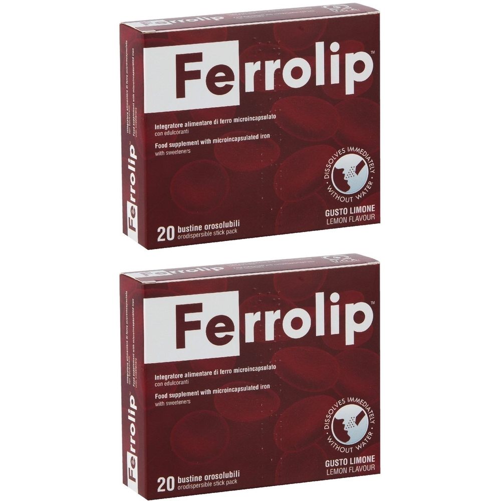 Due confezioni di Ferrolip. Scritta: 20 Bustine Orosolubili, Gusto Limone. Integratore alimentare con ferro microincapsulato.