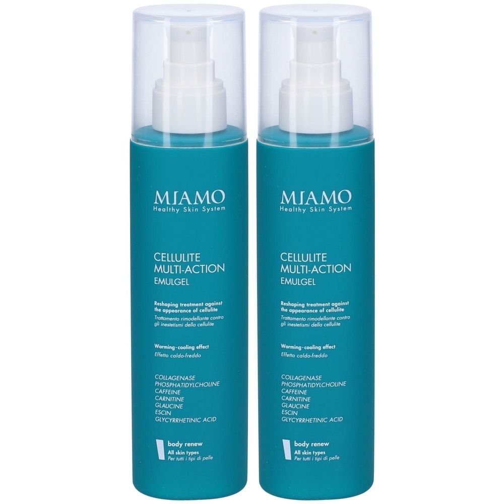 Due flaconi di Miamo Cellulite Multi-action Emulgel. Flaconi turchesi con erogatore bianco. Scritta: MIAMO, CELLULITE MULTI-ACTION EMULGEL.
