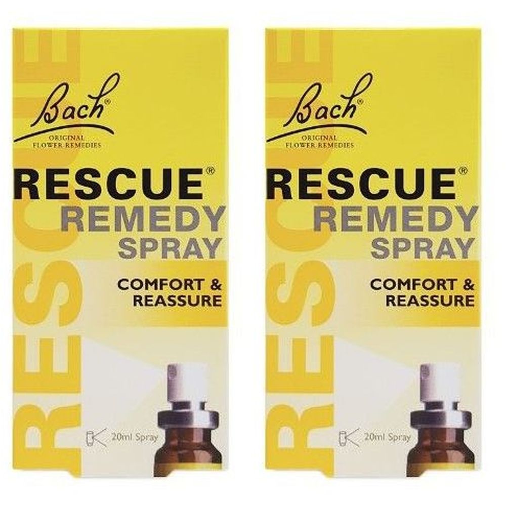 Due scatole gialle con "Bach Rescue Remedy Spray". Scritta "Comfort & Reassure". Flaconi con vaporizzatore.