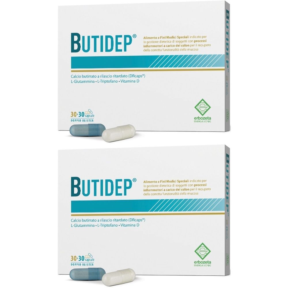 Due confezioni di capsule. Scritta "BUTIDEP". Su ogni scatola sono raffigurate due capsule, una blu e una bianca. Marchio: erbozeta.
