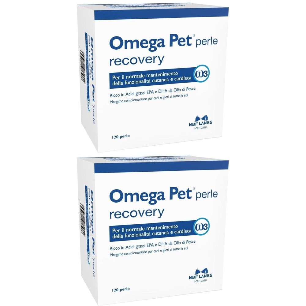 Due confezioni di Omega Pet Perle Recovery. Scatole bianche con testo blu. Contiene 120 perle. Marchio NBF Lanes.
