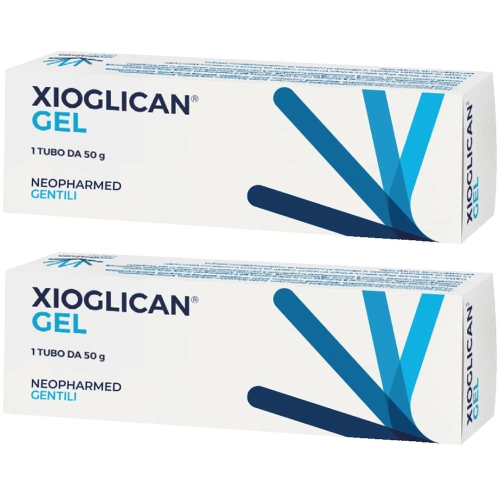 Due confezioni di gel Xioglican. Scritta: 1 tubo da 50 g. Marchio: Neopharmed Gentili. Design blu.