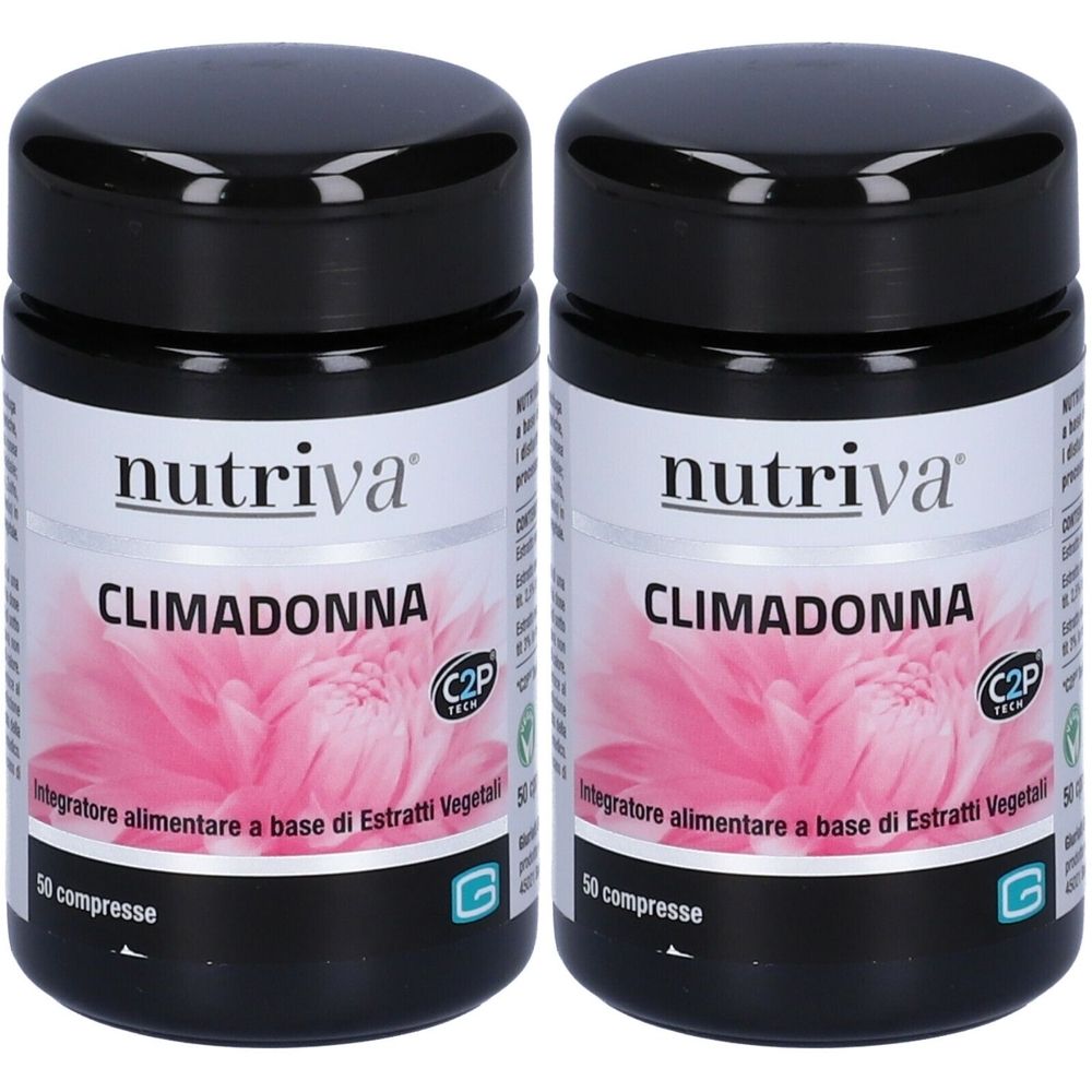 Due flaconi neri con il nome del prodotto CLIMADONNA e il marchio nutriva. Scritta: 50 compresse.