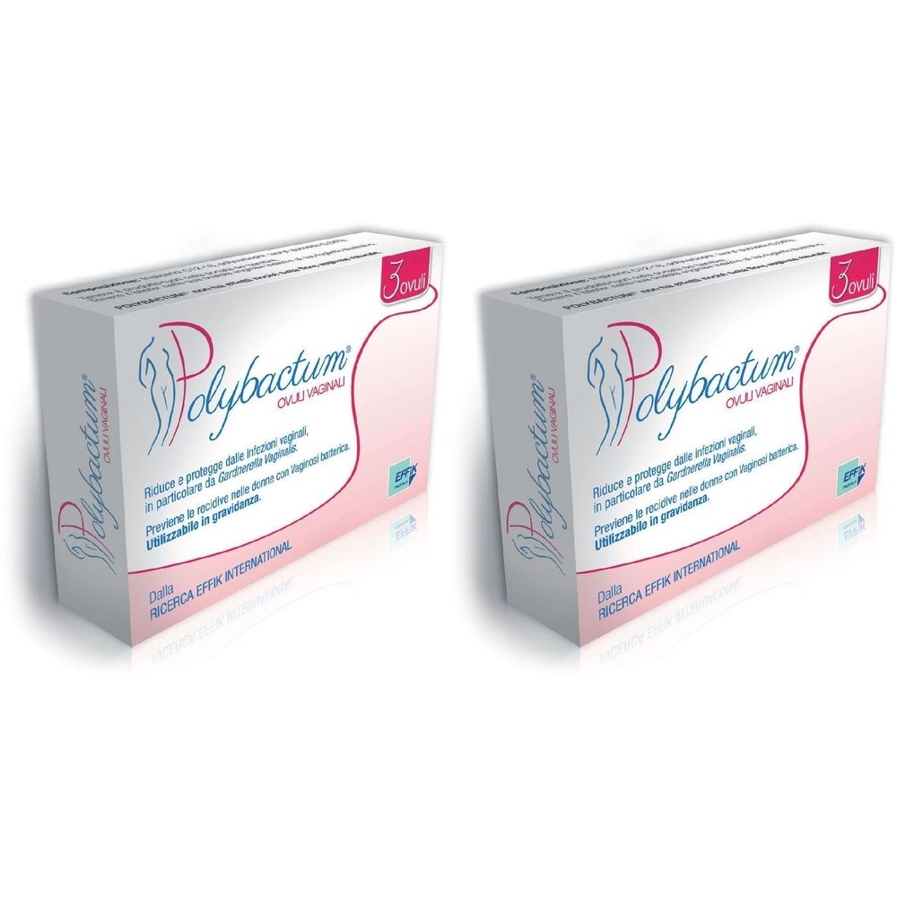 Due confezioni di Polybactum Ovuli vaginali. Confezione rosa e bianca con testo e logo.