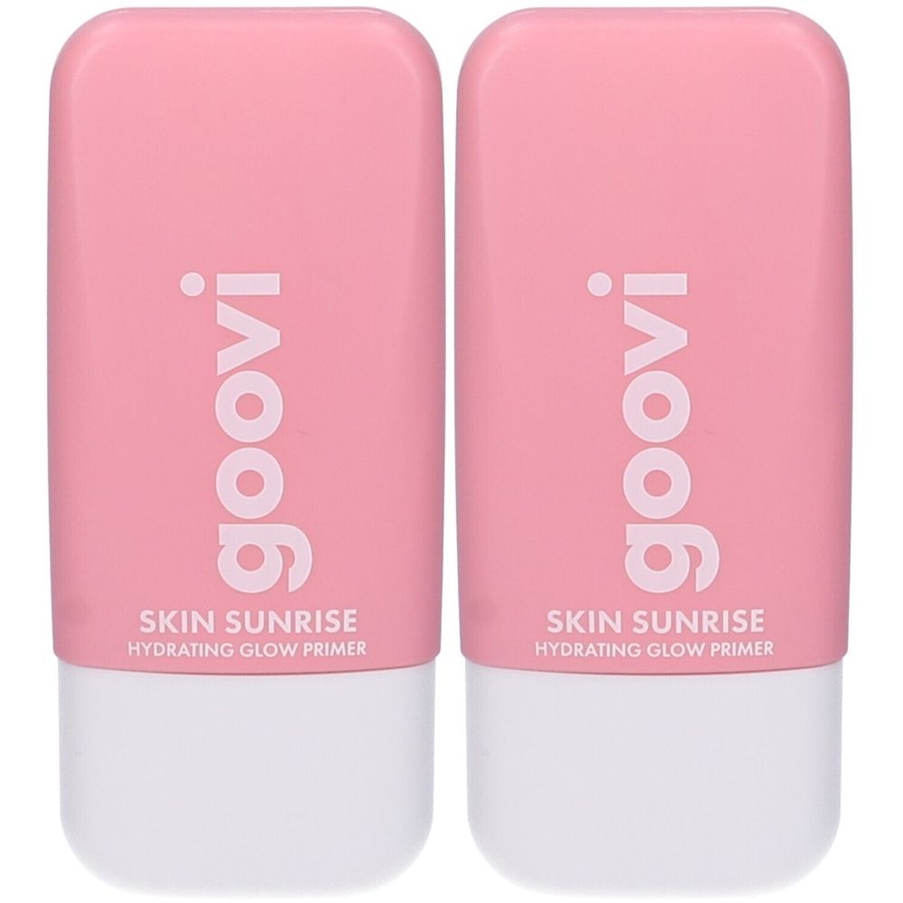 Due tubi di primer rosa con base bianca. Scritta: Goovi, Skin Sunrise Hydrating Glow Primer.