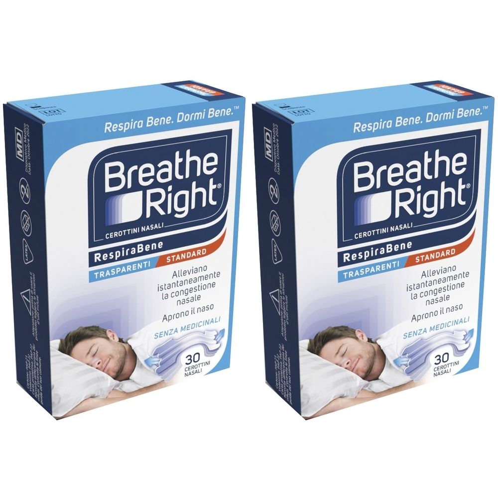 Due confezioni blu "Breathe Right". Scritta: "Respira Bene. Dormi Bene." e "Cerottini Nasali". Immagine di uomo che dorme. Contiene 30 pezzi.