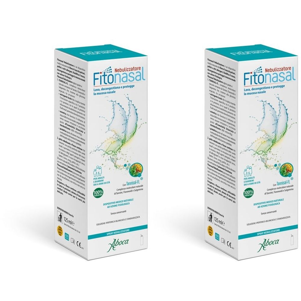 Due confezioni rettangolari. Scritta Fitonasal Nebulizzatore. Logo Aboca in basso. Confezione turchese e bianca con informazioni.