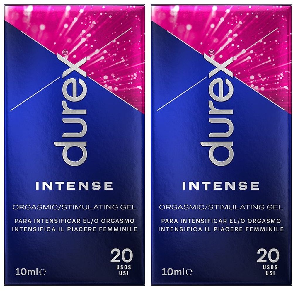 Due confezioni di gel Durex Intense. Confezione blu con accento rosa. Testo: Intense, orgasmic/stimulating gel, 20 usi, 10ml.