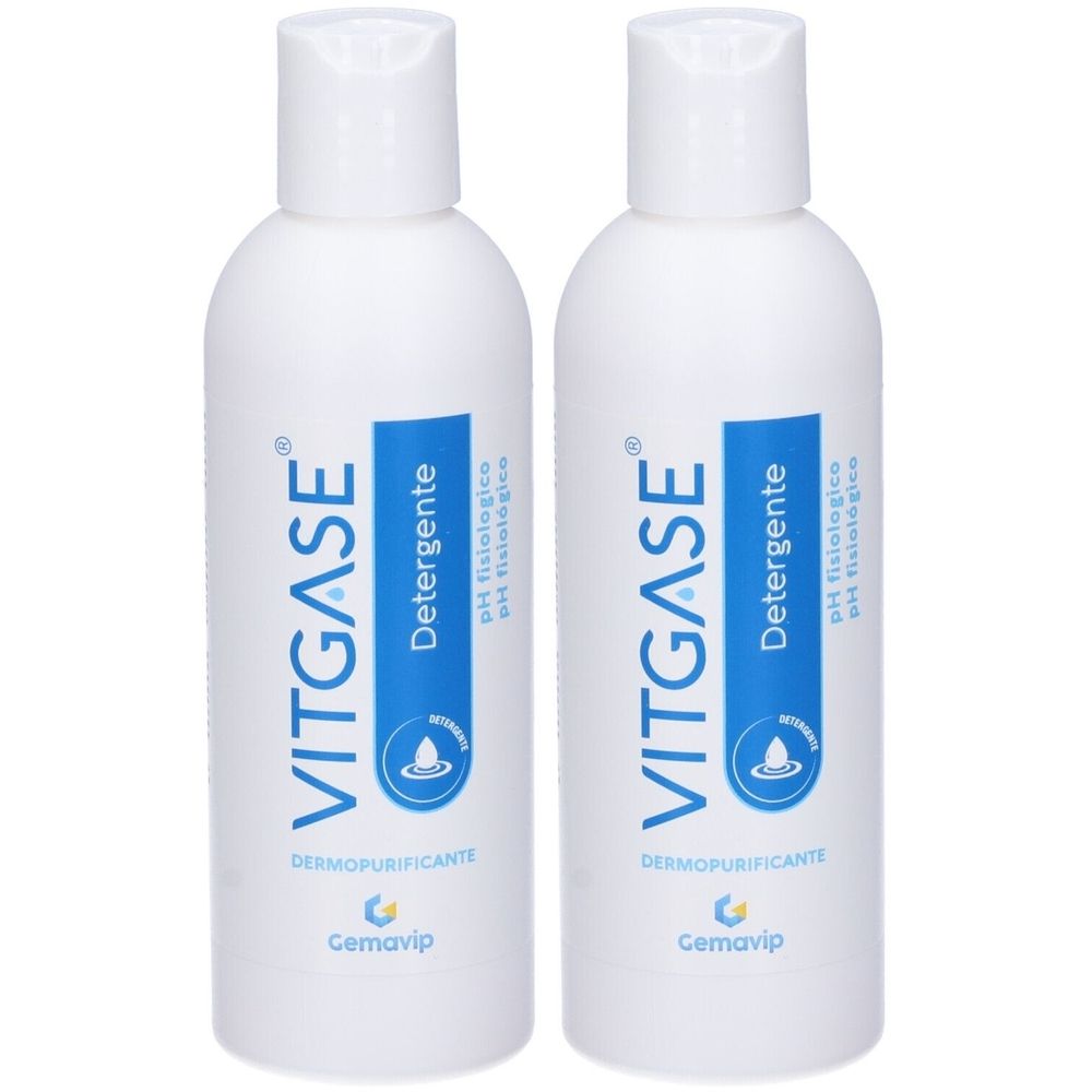 Due flaconi bianchi con etichetta blu. Scritta: VITGASE, Detergente, pH fisiologico. Marchio: Gemavip.