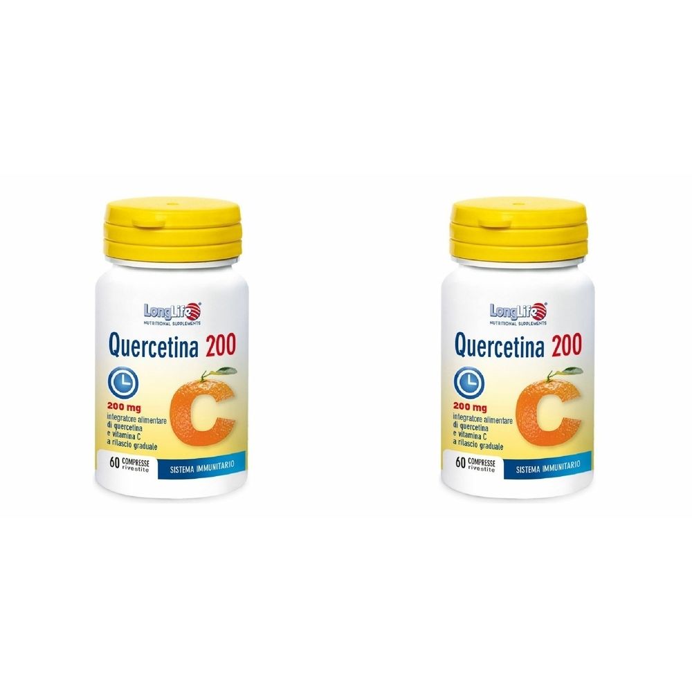 Due flaconi bianchi con tappi gialli. Scritta: Quercetina 200. Illustrazione arancione. 60 compresse.