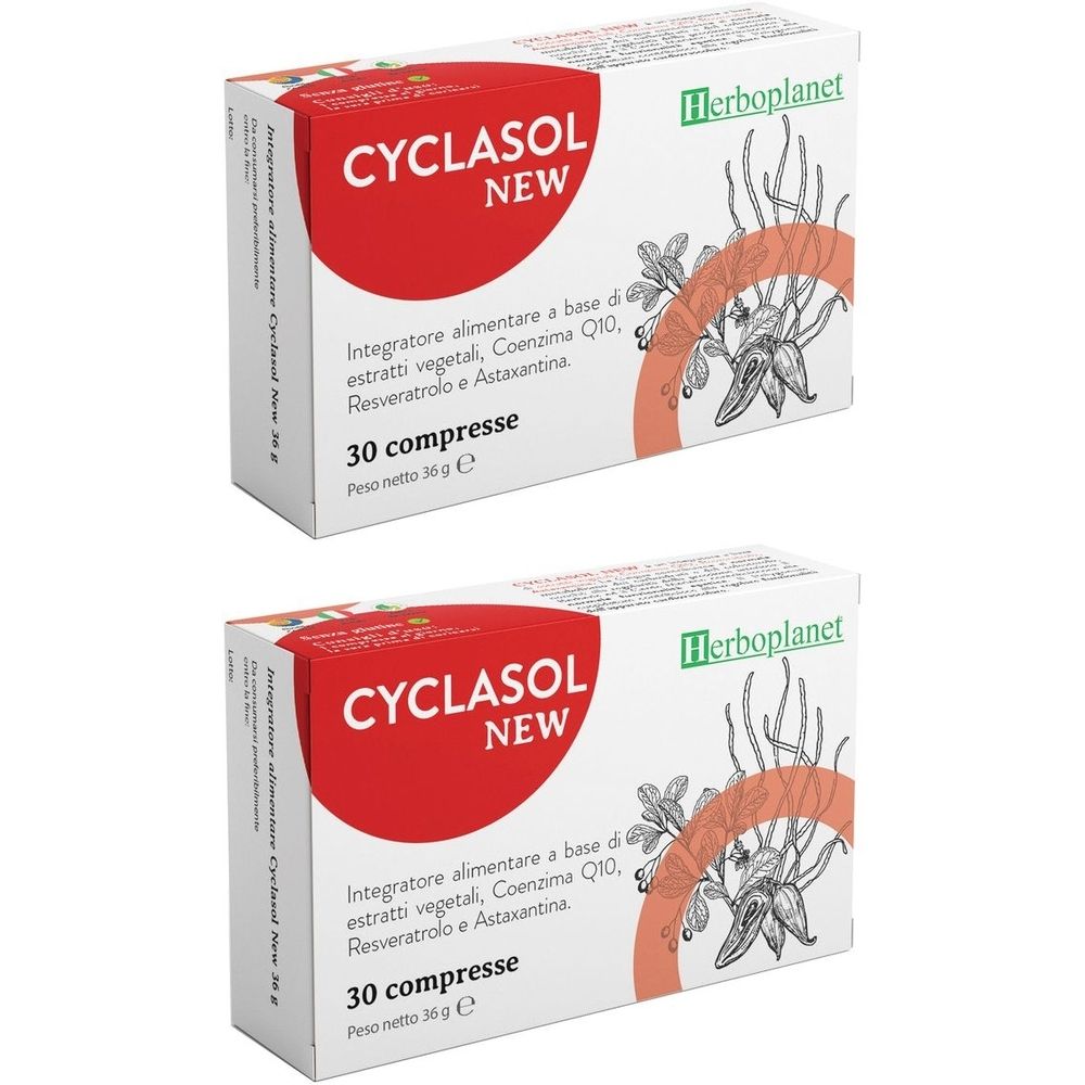 Due scatole di Cyclasol New. Confezione bianca con cerchio rosso e nome del prodotto. Testo: 30 compresse, Herboplanet.