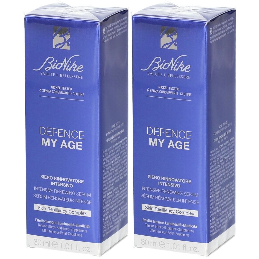 Due scatole blu. Scritta: Defence My Age, Siero Rinnovatore Intensivo. Marchio: BioNike. Nickel Tested, senza conservanti e glutine.