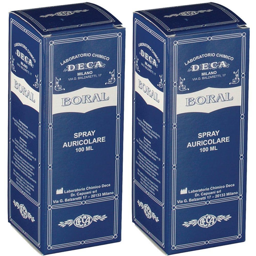 Due scatole blu con testo bianco. Scritto: Boral Spray Auricolare 100 ml. Laboratorio Chimico Deca.