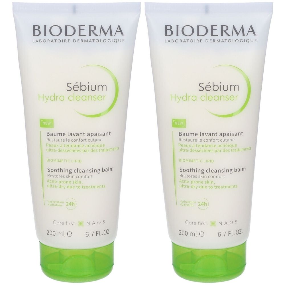 Due tubi di BIODERMA Sebium Hydra Cleanser. Tubi bianchi con dettagli verdi. Testo: Sebium Hydra cleanser, Baume lavant apaisant, Soothing cleansing balm.