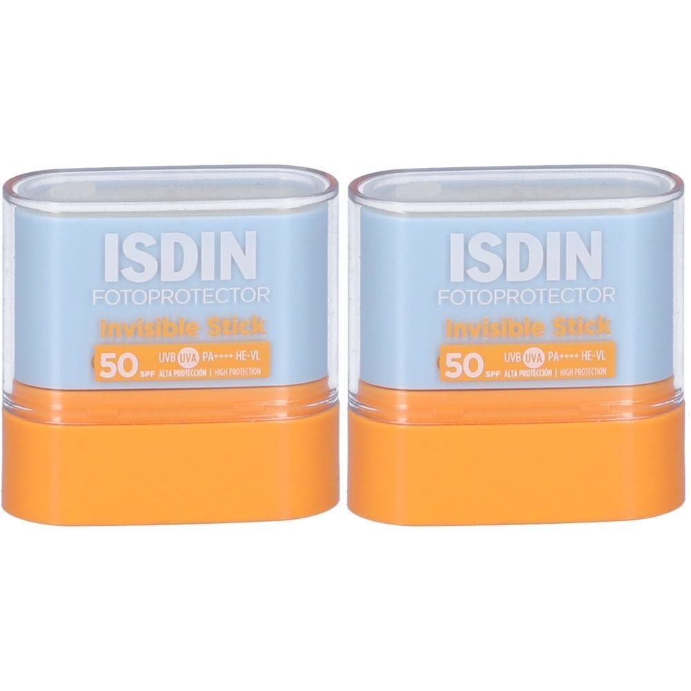 Due stick di crema solare con base arancione e coperchio azzurro. Scritta: ISDIN Fotoprotector Invisible Stick SPF50.
