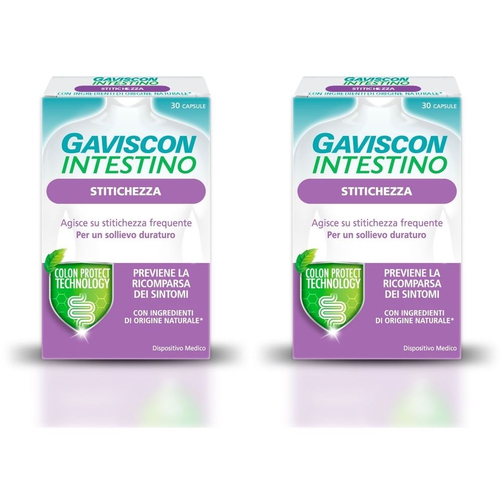 Due confezioni di Gaviscon Intestino. Scritta: Stitichezza, Colon Protect Technology. Dispositivo medico.