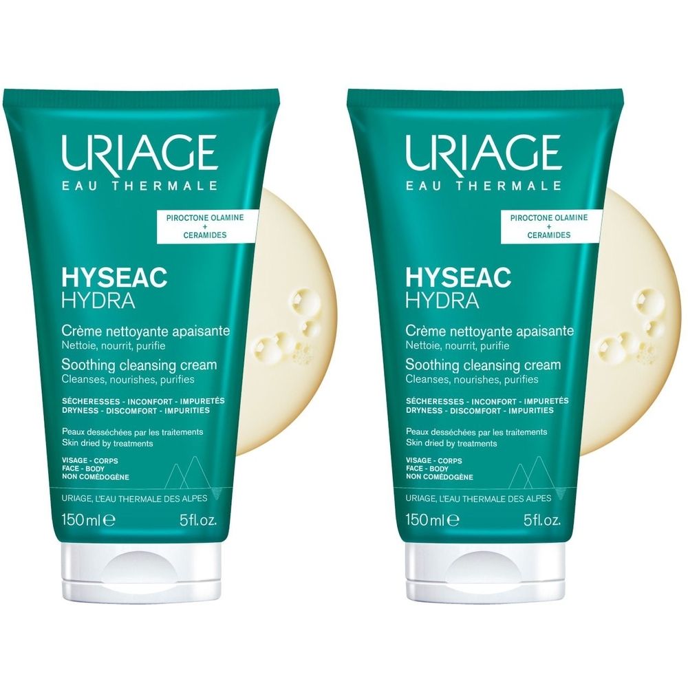 Due tubi verdi con tappo bianco. Scritta: URIAGE, HYSEAC HYDRA, Crème nettoyante apaisante, Soothing cleansing cream.