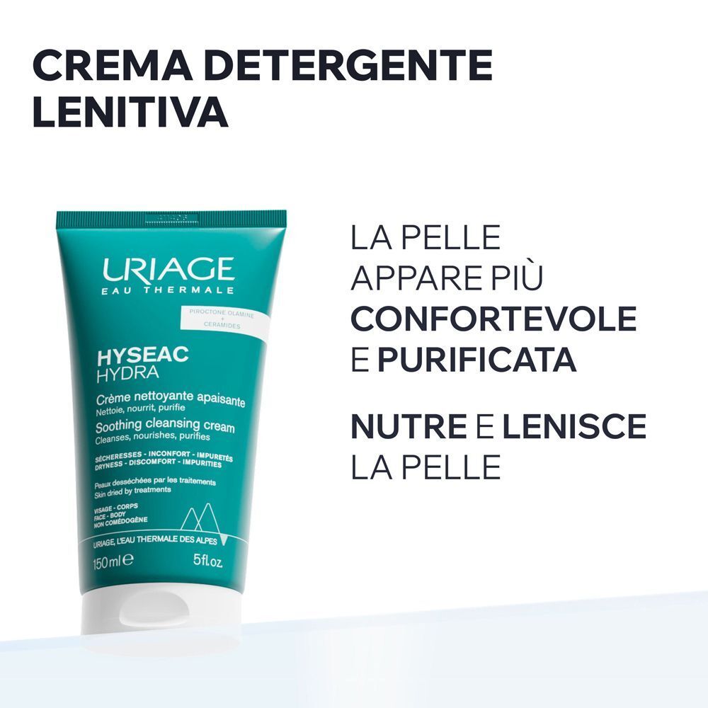 Tubo di crema detergente lenitiva Uriage Hyseac Hydra. Testo: Crema detergente lenitiva. La pelle appare più confortevole e purificata.