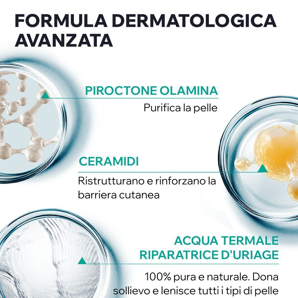 Formula con Piroctone Olamina, Ceramidi e Acqua Termale. Purifica, ripara e rinforza la pelle.