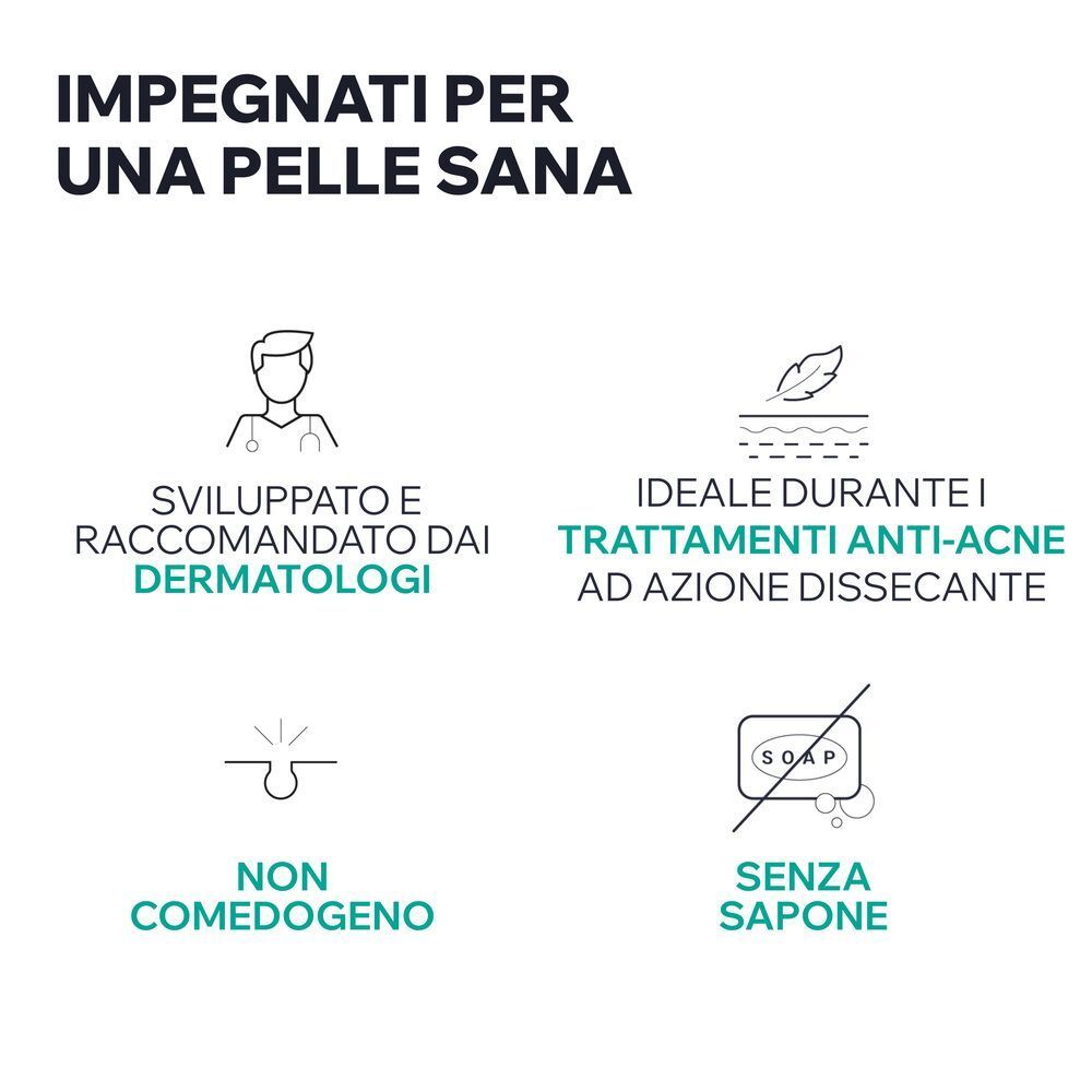 Sviluppato e raccomandato dai dermatologi. Ideale per trattamenti anti-acne. Non comedogeno, senza sapone.