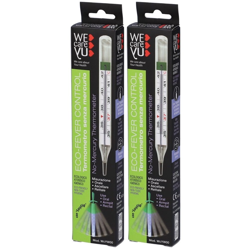 Due termometri in confezione. Scritta: ECO-FEVER CONTROL, No-Mercury Thermometer. Scala da 35 a 42 gradi.