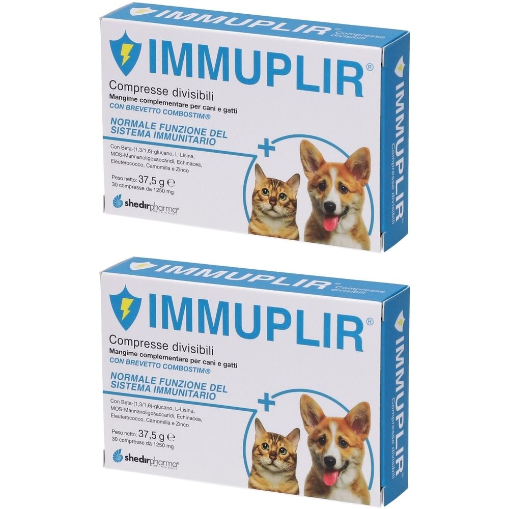 Due confezioni. Scritte: IMMUPLIR, compresse per cani e gatti, per la funzione immunitaria.