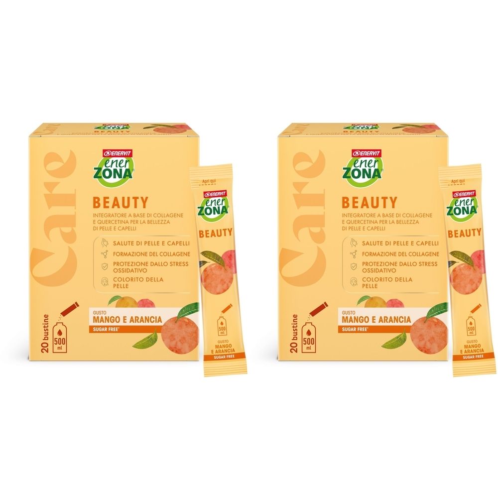 Due scatole e due bustine EnerZona Care Beauty. Scritto: Mango e Arancia, 20 bustine, senza zucchero.