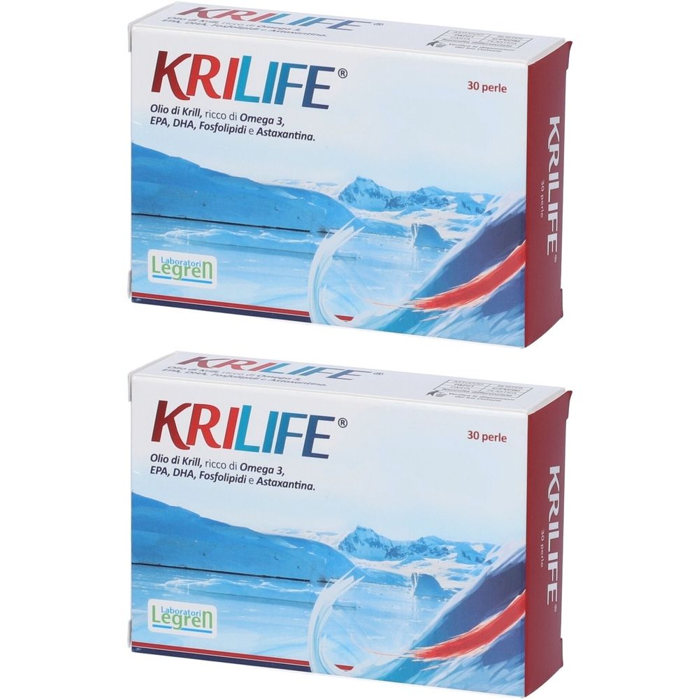 Due scatole di KRI LIFE. Scritta: 30 perle. Contiene Omega 3, EPA, DHA, fosfolipidi e astaxantina. Marchio Legren.