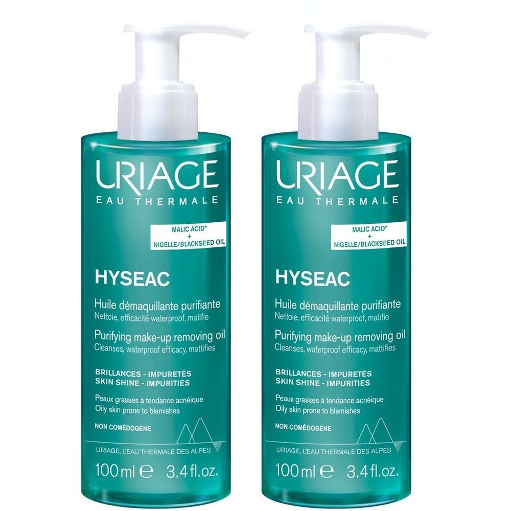 Due flaconi URIAGE Hyseac, liquido verde, erogatore bianco. Testo: Huile démaquillante purifiante, Purifying make-up removing oil.