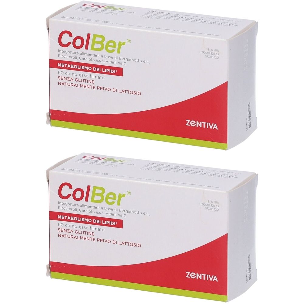 Due scatole bianche con grafica rossa. Scritta: ColBer, 60 compresse filmate, senza glutine, senza lattosio. Marchio: ZENTIVA.