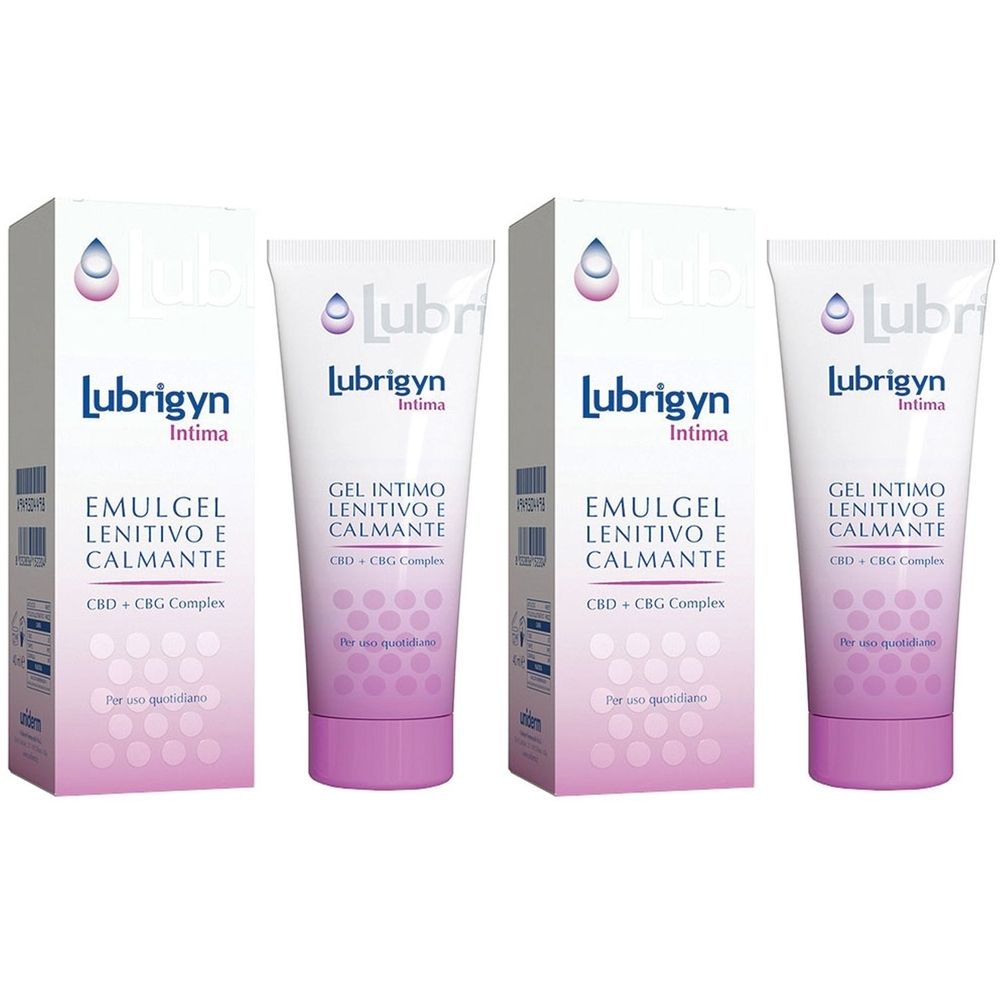 Due confezioni e due tubi di "Lubrigyn Intima". Sui tubi si legge "Gel Intimo Lenitivo e Calmante".