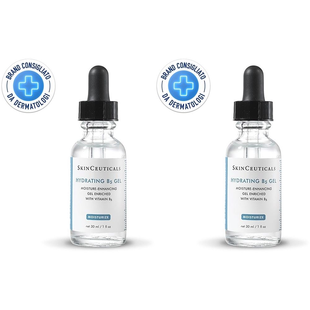 Due flaconi in vetro con tappo nero e contagocce. Etichette con "Hydrating B5 Gel". Loghi rotondi con testo in alto.