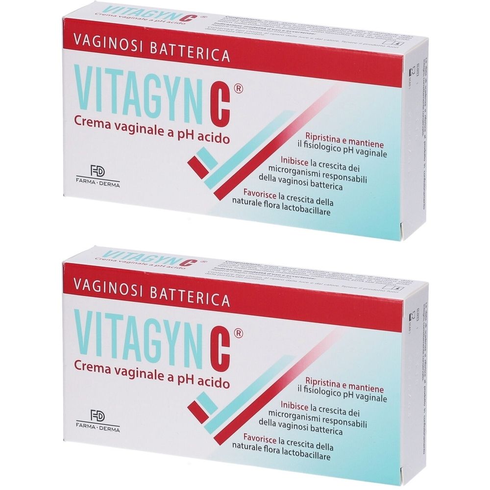 Due confezioni di VITAGYN C, crema vaginale a pH acido. Scritta: VAGINOSI BATTERICA. Testo su pH e batteri.