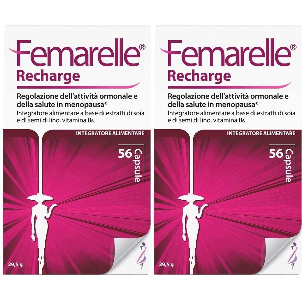 Due confezioni di Femarelle Recharge. Scritta: 56 capsule. Contiene estratti di soia e lino, vitamina B6. Design rosa e bianco.