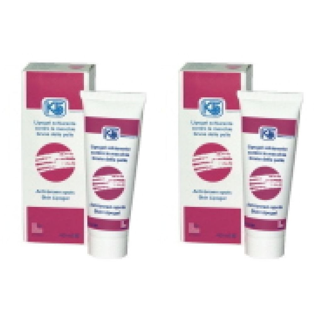 Due set di K5 Lipogel. Ogni set è composto da un tubetto e una scatola. La confezione è bianca e rosa con testo.