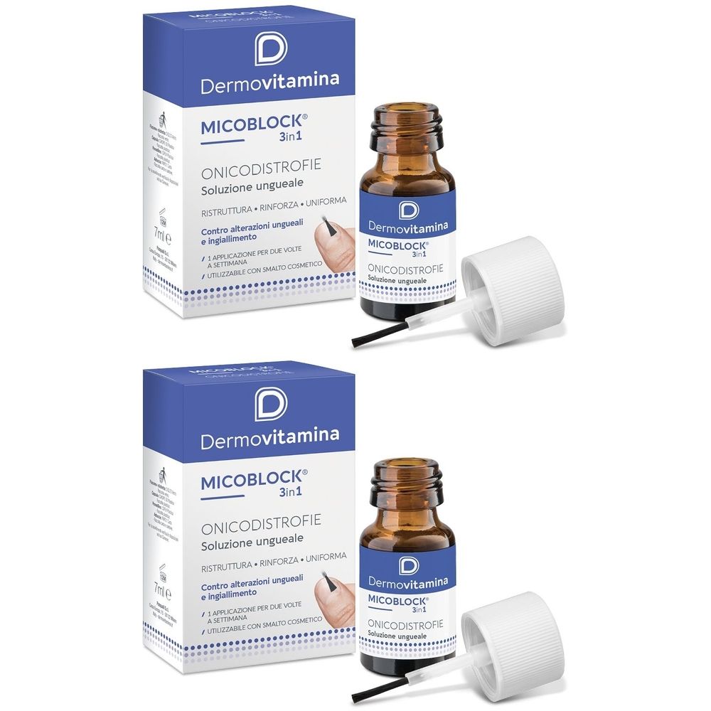 Due confezioni e flaconi. Scatole blu con testo bianco. Flaconi marroni con pennello. Nome prodotto: Dermovitamina Micoblock.