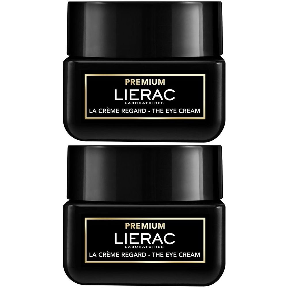 Due vasetti neri con coperchi. Sul fronte, in oro, « PREMIUM LIERAC LA CRÈME REGARD - THE EYE CREAM ».